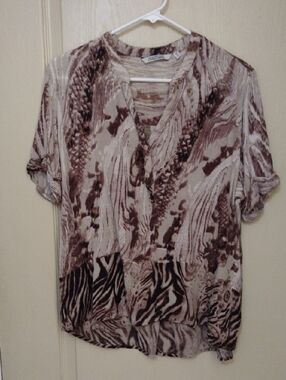 Laura Ashley Beige and Brown Patterned V-Neck Blouse